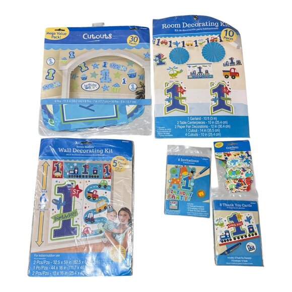 NEW - Cars & Trucks Baby's 1st Birthday Decorations Boys Blue 6 pieces in kit - Picture 1 of 5